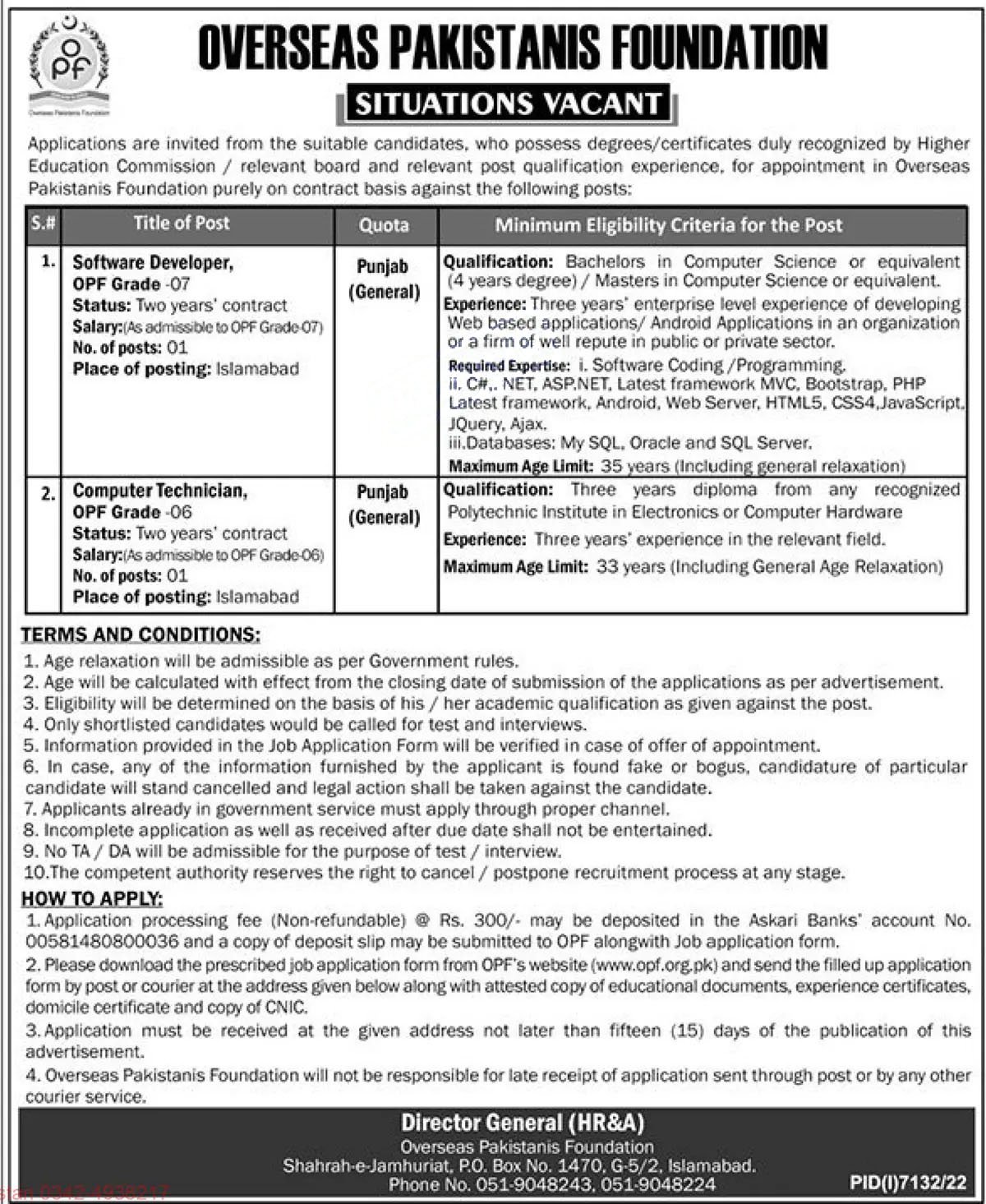 New Government Jobs in Overseas Pakistanis Foundation 2023